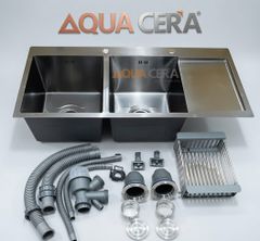 CHẬU RỬA CHÉN INOX 304 ĐÚC NANO XÁM - 2 HỘC CÓ BÀN CHỜ - KÍCH THƯỚC 100x48