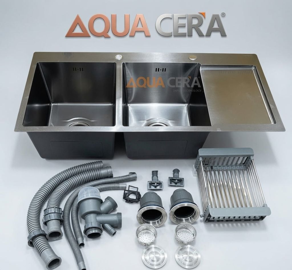 CHẬU RỬA CHÉN INOX 304  - 2 HỘC CÓ CÁNH KÍCH THƯỚC 100X48A
