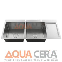CHẬU RỬA CHÉN INOX 304 ĐÚC - 2 HỘC CÓ BÀN CHỜ - 10048A
