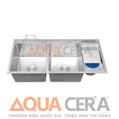 CHẬU RỬA CHÉN INOX 304 ĐÚC - 2 HỘC CÓ BÀN CHỜ, CÓ HỐ RÁC - KÍCH THƯỚC 120x50cm