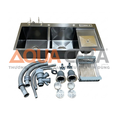 CHẬU RỬA CHÉN INOX 304 PHỦ NANO 2 HỘC CÓ BÀN CHỜ , CÓ HỐ RÁC - KÍCH THƯỚC 100x48