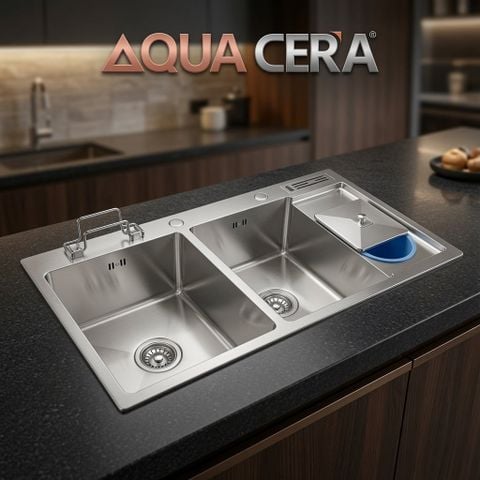 CHẬU RỬA CHÉN INOX 304 ĐÚC - 2 HỘC CÓ BÀN CHỜ, CÓ HỐ RÁC - KÍCH THƯỚC 120x50cm
