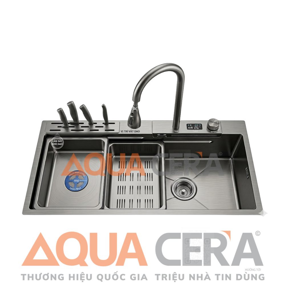 CHẬU RỬA CHÉN - Vắt dao 304 Nano đen Vòi nhiệt độ -  82x46, 80x46, 78x46, 75x46cm