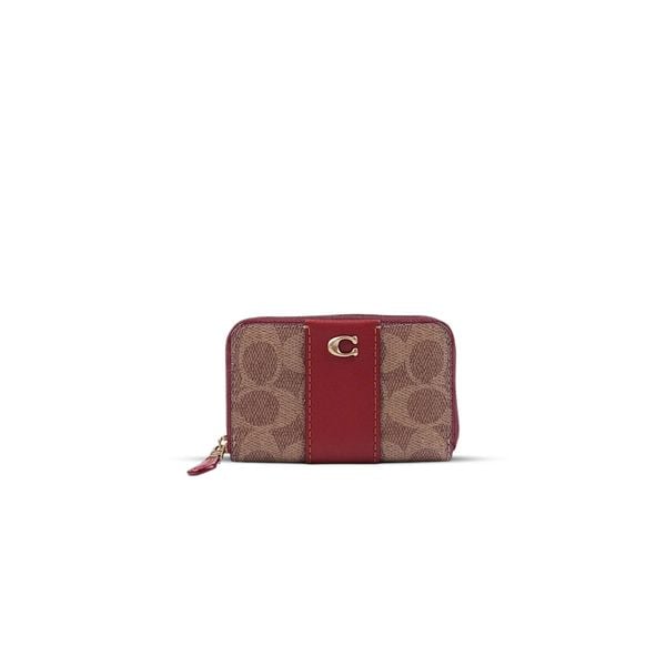  VÍ COACH ESSENTIAL SMALL ZIP AROUND CARD CASE ' TAN / RED ' CR522 