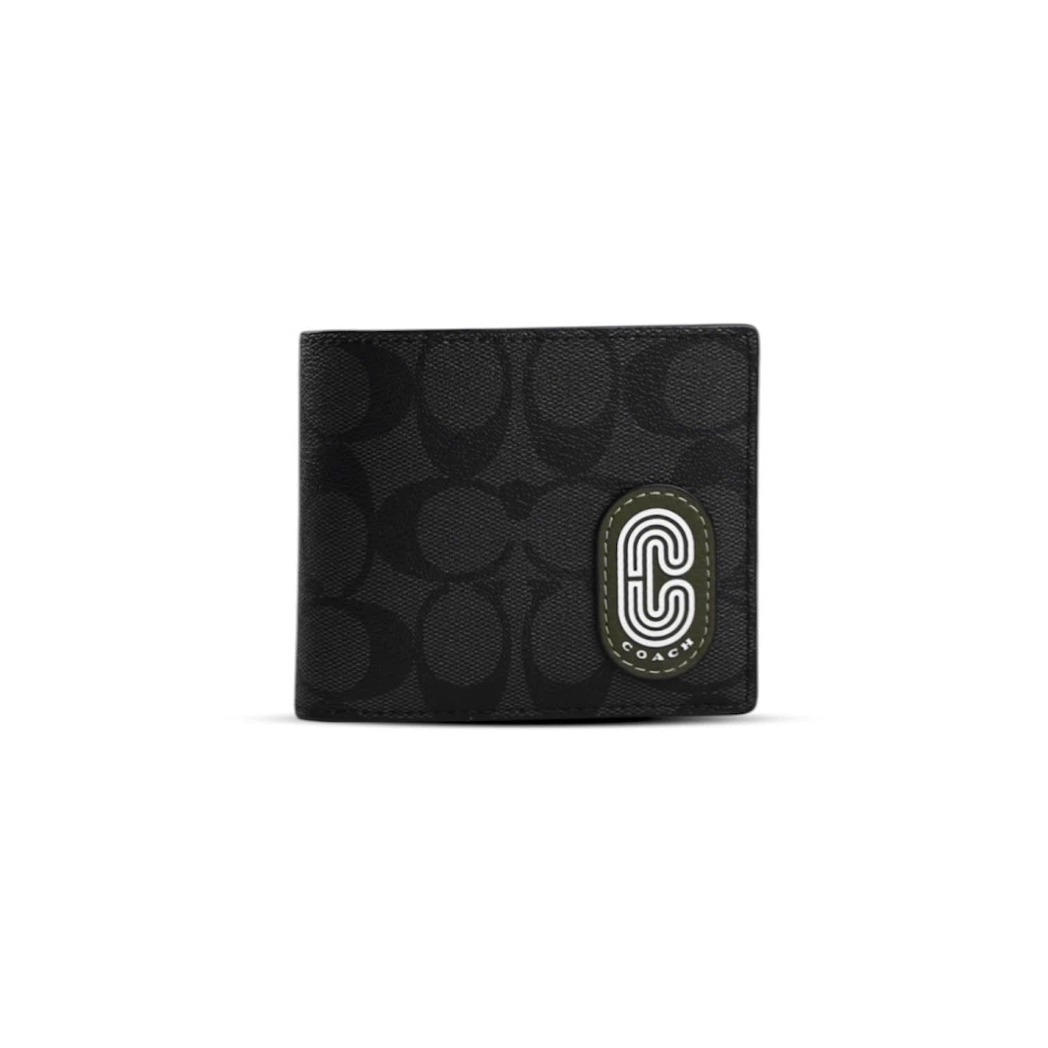  VÍ COACH NAM COMPACT ID WALLET IN SIGNATURE CANVAS ' BLACK LOGO GREEN ' C8297 
