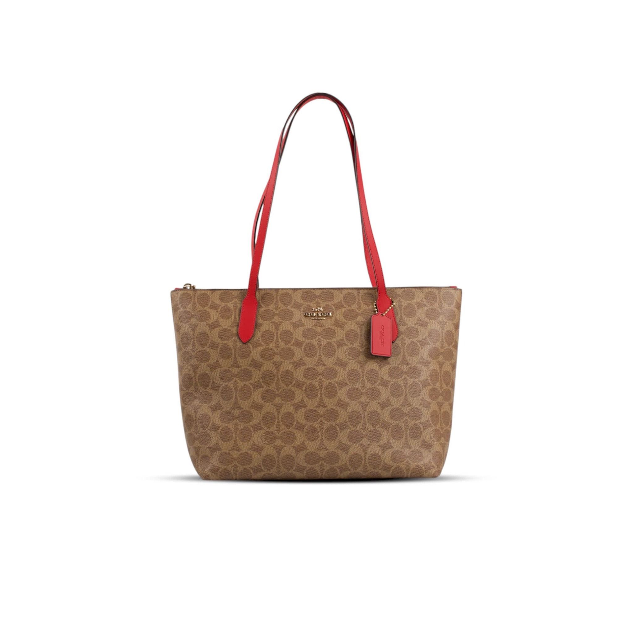  TÚI COACH ZIP TOP TOTE IN SIGNATURE CANVAS ' BROWN RED ' CBT18 