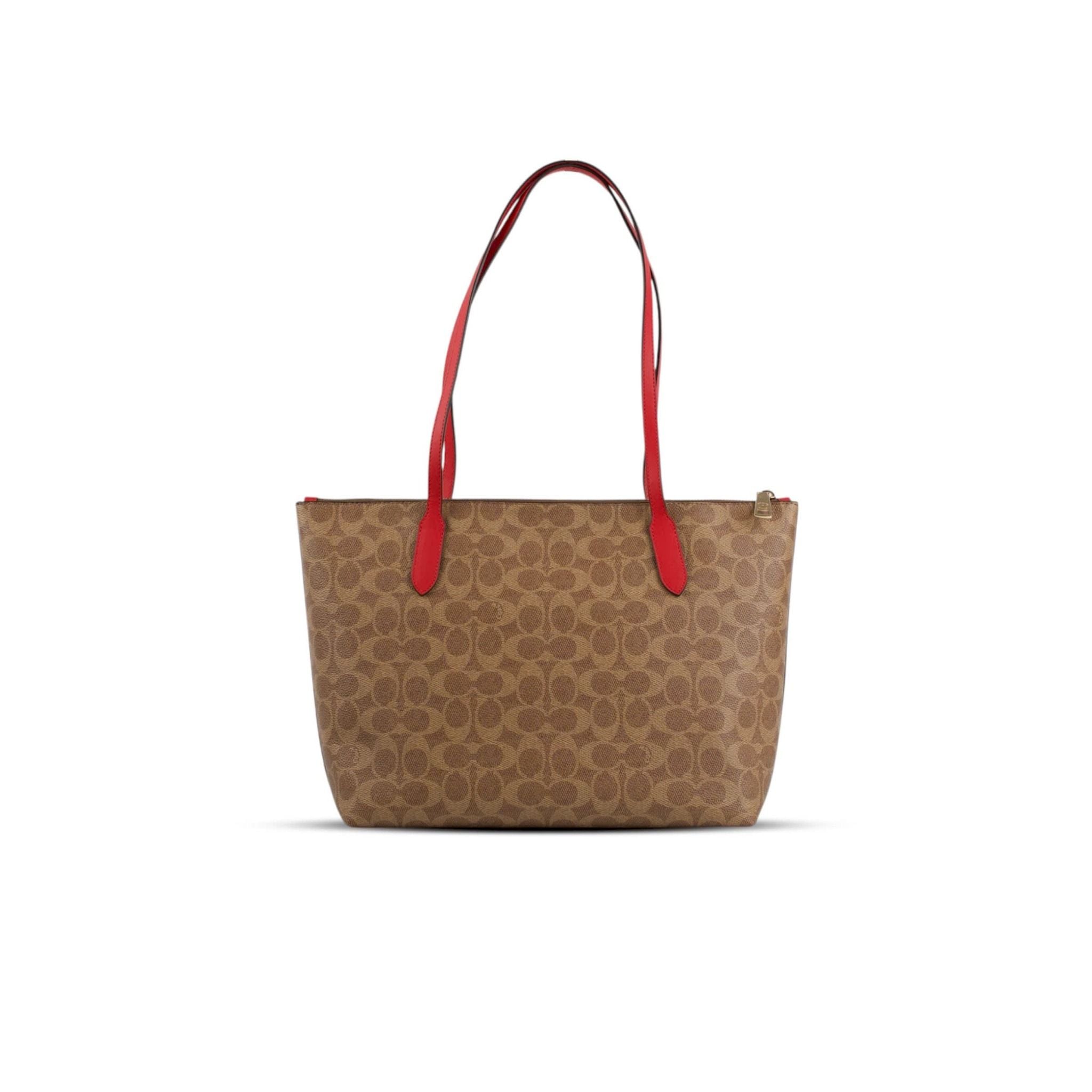  TÚI COACH ZIP TOP TOTE IN SIGNATURE CANVAS ' BROWN RED ' CBT18 
