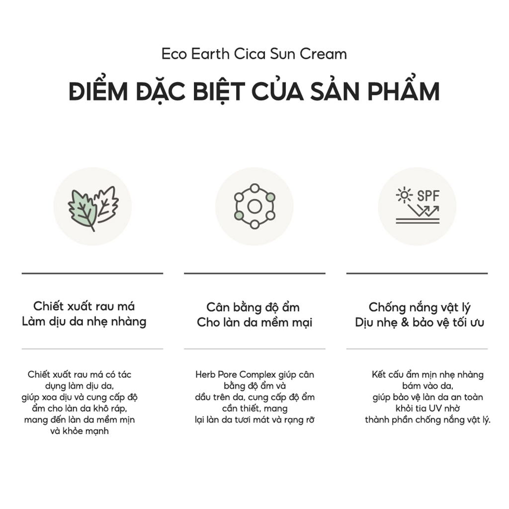 Kem chống nắng chiết xuất rau má dịu nhẹ THE SAEM Eco Earth Extra Cica Sun Cream 50g