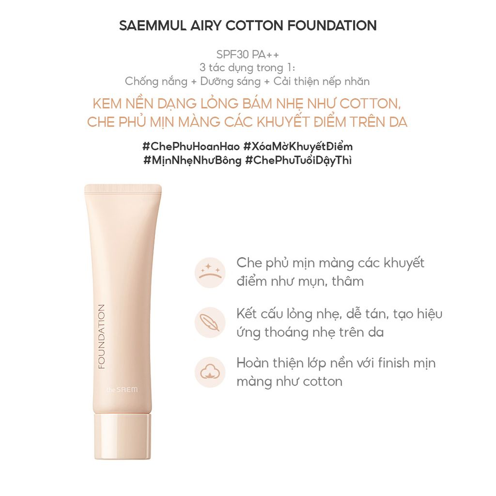 Kem Nền Chống Nắng THE SAEM Saemmul Airy Cotton Foundation SPF30/PA++ (30g)