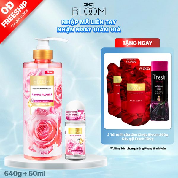 Combo Sữa tắm nước hoa 640g +và Lăn khử mùi sáng da Hương nước hoa Cindy Bloom 50ml (Aroma Flower)