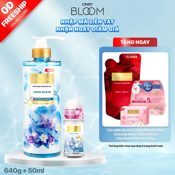Combo Sữa tắm nước hoa 640g và Lăn khử mùi sáng da Hương nước hoa Cindy Bloom 50ml (Fresh Ocean)