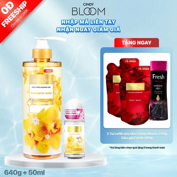 Combo Sữa tắm nước hoa 640g và Lăn khử mùi sáng da Hương nước hoa Cindy Bloom 50ml (Romantic Muse)