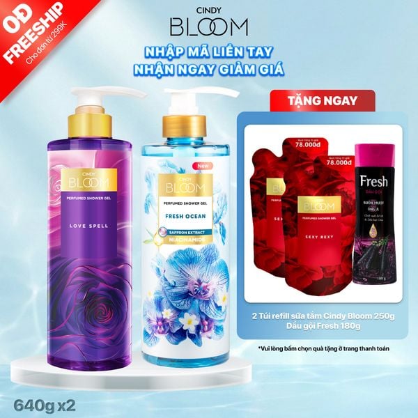 Combo 2 Sữa tắm nước hoa Cindy Bloom 640g (Love Spell + Fresh Ocean)