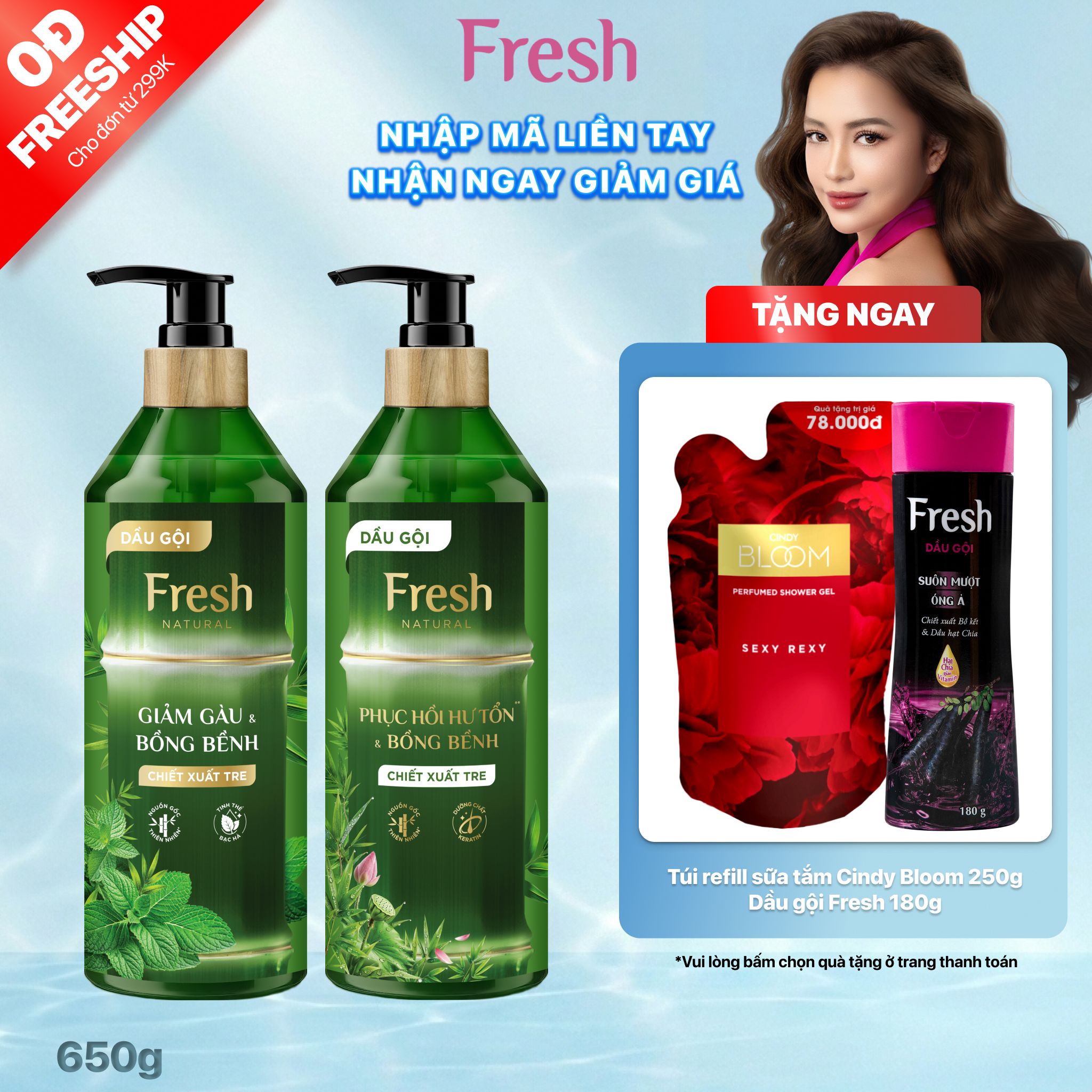  Dầu gội Fresh Natural Giảm gàu/ Phục hồi hư tổn & Bồng bền tóc Chiết xuất Tre, 650g 