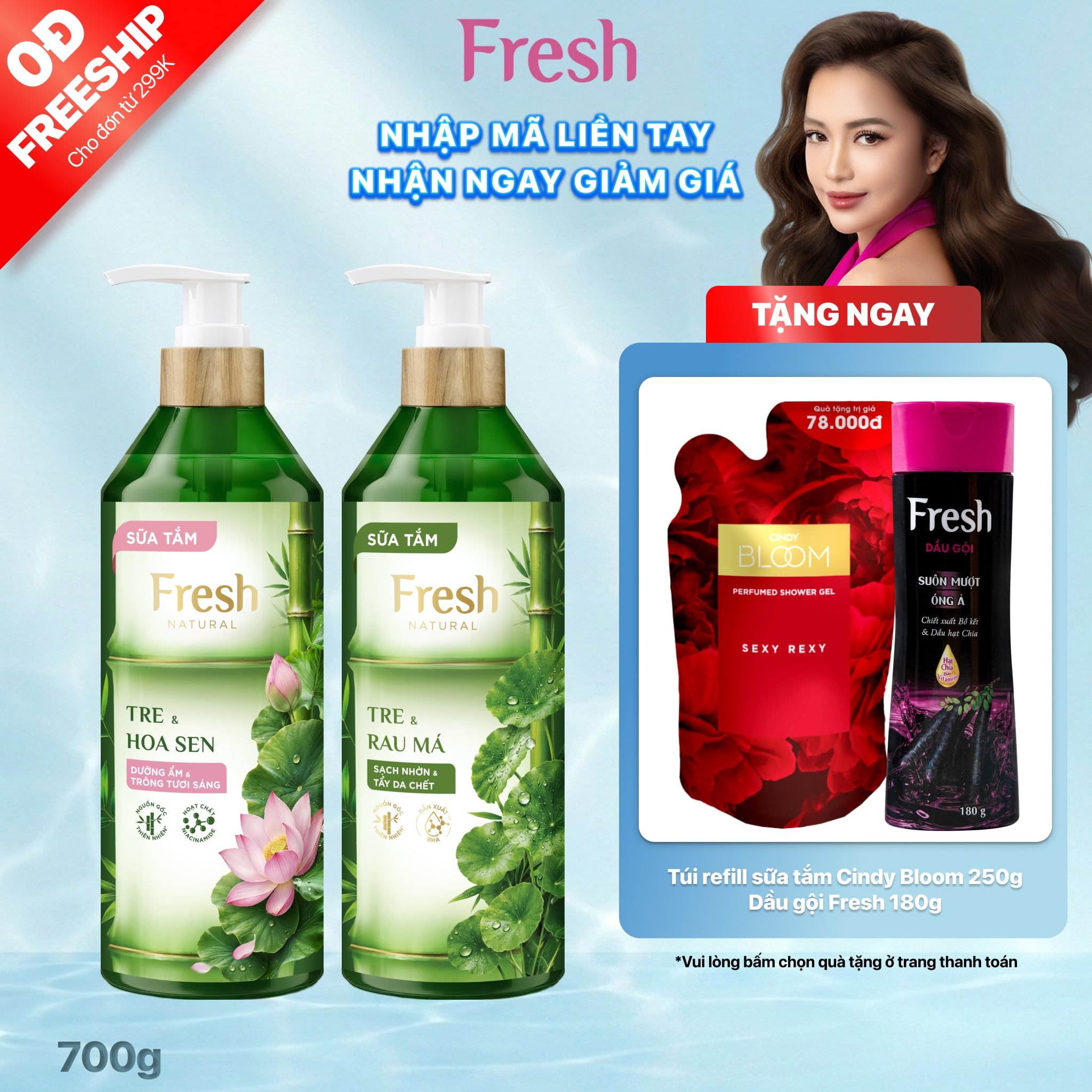  Sữa tắm Fresh Natural Tre & Hoa sen/ Rau má, 700g 
