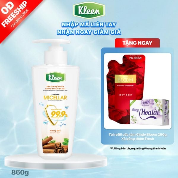Sữa tắm Dưỡng ẩm Kháng khuẩn The mát Hương Quế, Kleen 850g