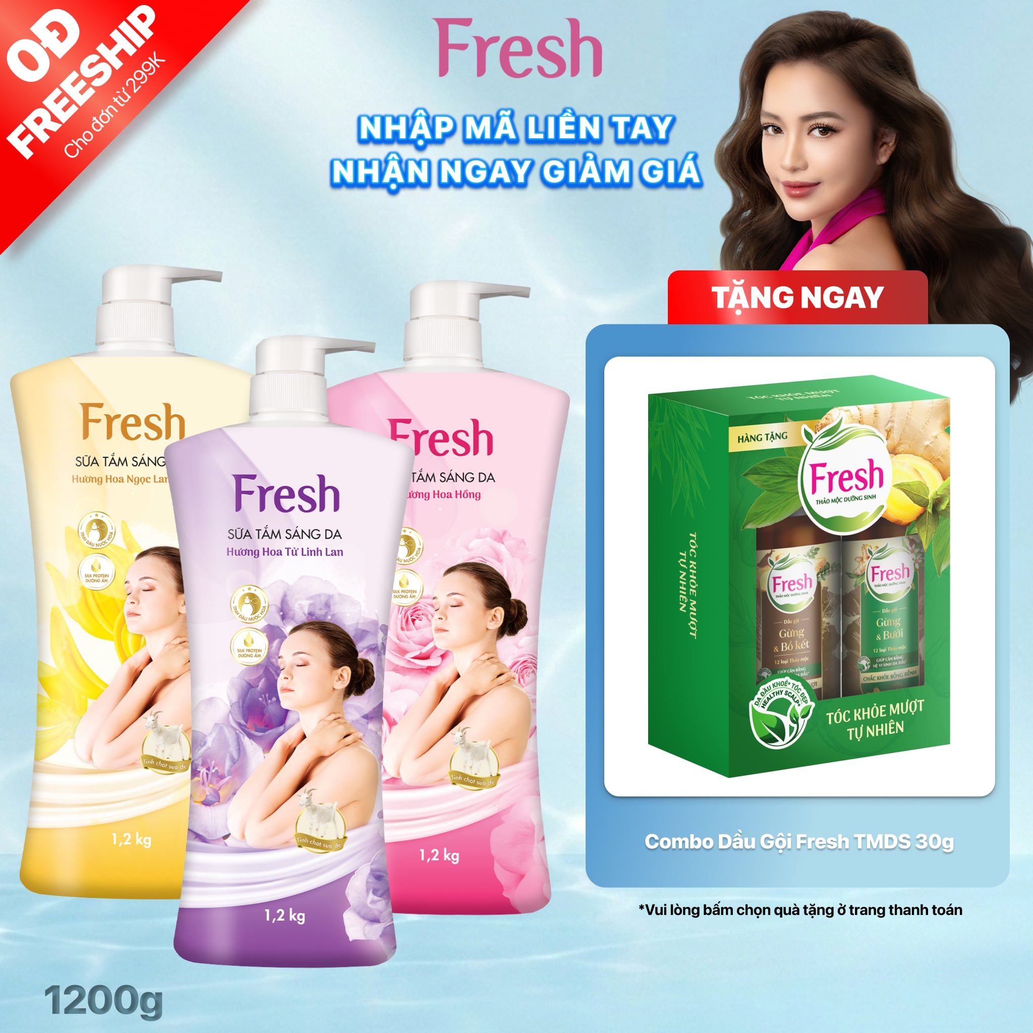  Sữa Tắm Sáng Da FRESH Hương Hoa Hồng / Ngọc Lan Tây / Hoa Tử Linh Lan Chai 1.2kg 
