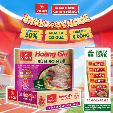 Thùng Hoàng gia bún bò Huế VIFON 120g – đậm đà chuẩn vị Huế, gói lớn cao cấp