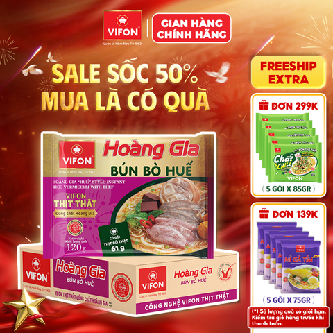 Thùng Hoàng gia bún bò Huế VIFON 120g – đậm đà chuẩn vị Huế, gói lớn cao cấp
