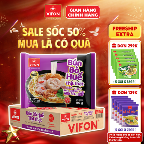 Thùng Bún bò Huế thịt thật VIFON 90g – đậm vị Huế, có thịt thật, tiện lợi