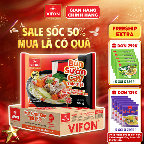 Thùng Bún Sườn Cay Thịt Thật VIFON 90g – Cay Nồng Đậm Đà, Có Thịt Thật