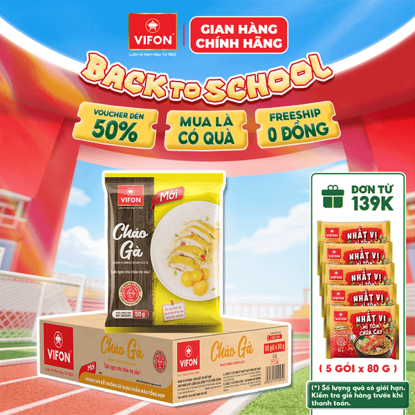 Thùng Cháo gà VIFON 50g là cháo ăn liền tiện lợi với hương vị thơm ngon, dễ ăn, phù hợp cho bữa ăn nhanh hằng ngày.