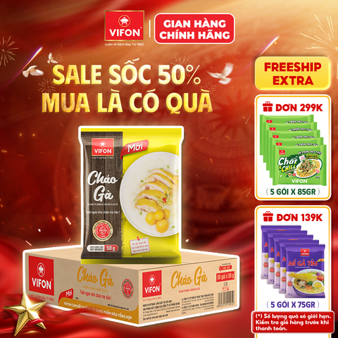 Thùng Cháo gà VIFON 50g là cháo ăn liền tiện lợi với hương vị thơm ngon, dễ ăn, phù hợp cho bữa ăn nhanh hằng ngày.