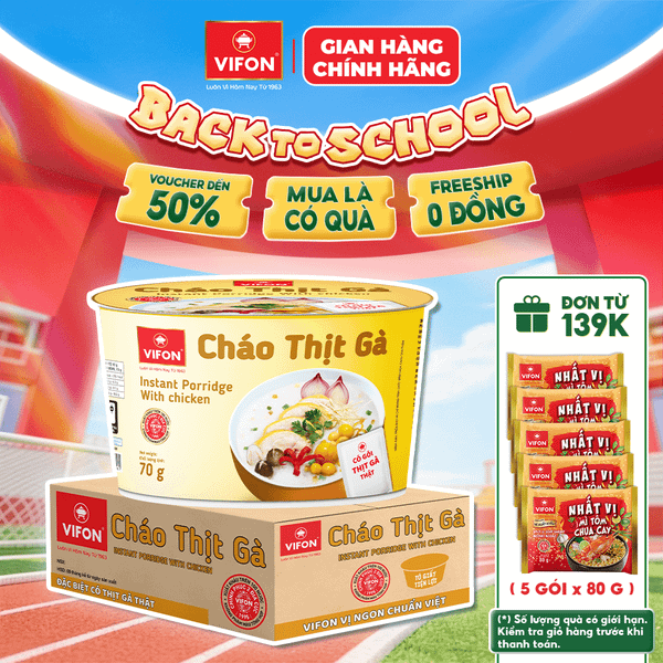 Thùng Cháo thịt thật thịt gà VIFON 70g/tô – Thanh nhẹ, dinh dưỡng, tiện lợi