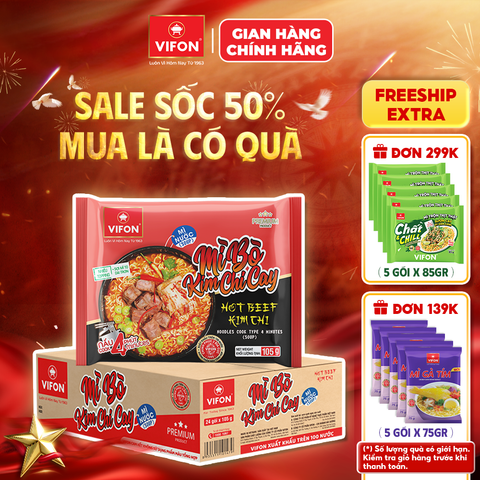 Thùng Mì cay vị bò kim chi 105g VIFON – mì cay Hàn Quốc đậm đà