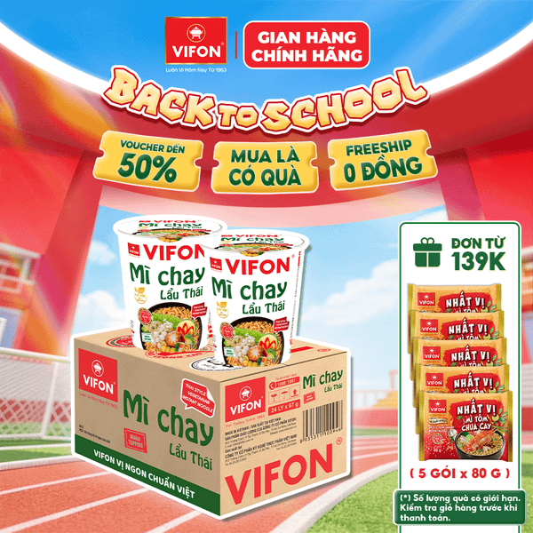 Thùng Mì ly lẩu thái chay VIFON 67g – chua cay đậm đà, thanh đạm tiện lợi