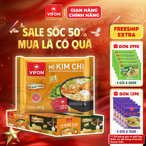 Thùng Mì xuất khẩu kim chi VIFON 80g – chua cay đặc trưng, đậm vị Hàn Quốc