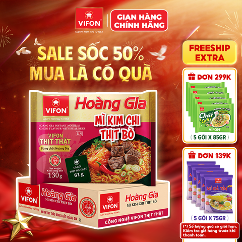 Thùng Hoàng gia mì kim chi thịt bò VIFON 130g – chua cay đậm đà, hấp dẫn