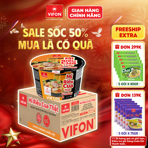 Thùng Tô mì thịt thật riêu cua VIFON 90g – đậm đà hương vị, có gói thịt thật, tiện lợi đủ chất