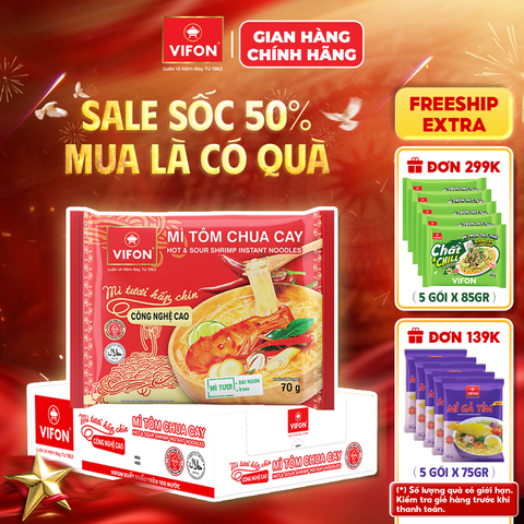 Thùng Mì tươi tôm chua cay VIFON 70g – mì ăn liền chua cay đậm đà, chuẩn vị Thái