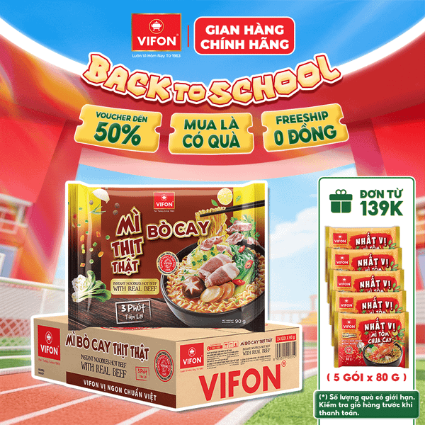 Thùng Mì thịt thật bò cay VIFON 90g – cay nồng đậm vị, hấp dẫn tròn vị