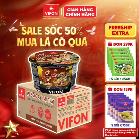 Thùng Tô mì thịt thật bò cay VIFON 90g – cay nồng đậm vị, có gói thịt thật, tiện lợi đủ chất