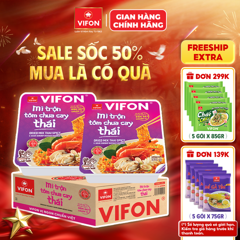Thùng Khay mì trộn tôm chua cay thái VIFON 90g – chua cay đậm đà, chuẩn vị Thái