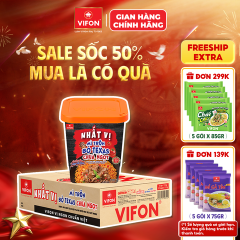 Thùng Mì Trộn Nhất Vị Bò Texas Chua Ngọt VIFON Ly 115gr - Vị Đậm Đà, Sợi Dai Ngon