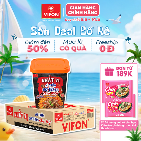 Mì Trộn Nhất Vị Bò Texas Chua Ngọt VIFON Ly 115gr - Vị Đậm Đà, Sợi Dai Ngon