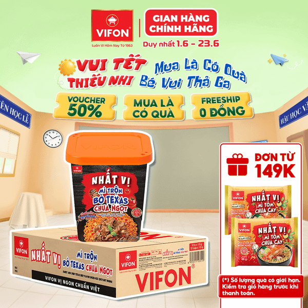 Mì Trộn Nhất Vị Bò Texas Chua Ngọt VIFON Ly 115gr - Vị Đậm Đà, Sợi Dai Ngon