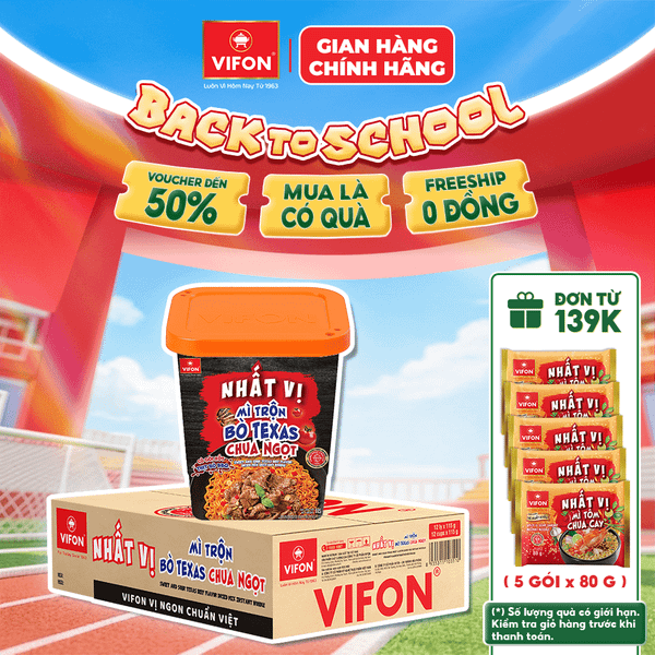 Thùng Mì Trộn Nhất Vị Bò Texas Chua Ngọt VIFON Ly 115gr - Vị Đậm Đà, Sợi Dai Ngon