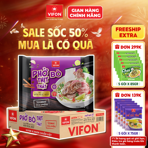 Thùng Phở bò thịt thật VIFON 90g – đậm đà chuẩn vị, có thịt bò thật
