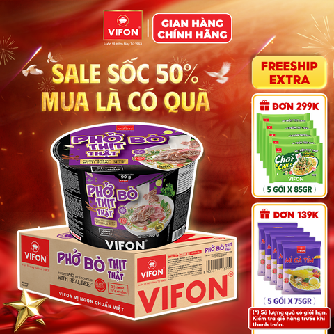 Thùng Phở bò VIFON 90g tô – ngon chuẩn vị Việt, tiện lợi mỗi ngày