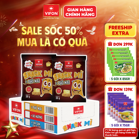 Thùng Mì ăn vặt phô mai VIFON 30g – giòn ngon béo ngậy, snack tiện lợi