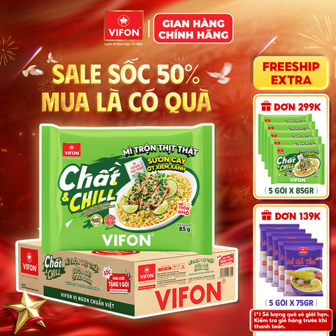 Thùng Mì trộn thịt thật sườn cay ớt xiêm xanh VIFON 85g – Đậm vị cay nồng, tiện lợi