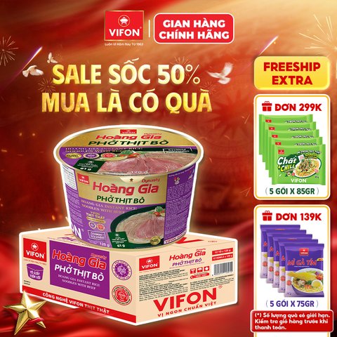 Thùng Tô hoàng gia phở thịt bò VIFON 120g – có thịt thật, tiện lợi đủ chất