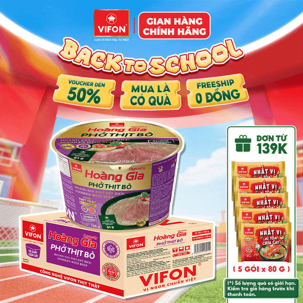 Thùng Tô hoàng gia phở thịt bò VIFON 120g – có thịt thật, tiện lợi đủ chất