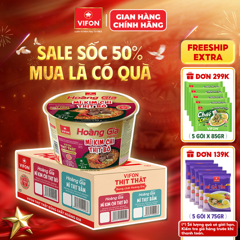 Thùng Tô Hoàng Gia mì kim chi thịt bò VIFON 130g – Có thịt thật, đậm đà chuẩn vị Hàn