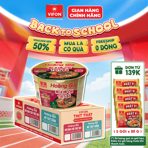 Thùng Tô Hoàng Gia mì kim chi thịt bò VIFON 130g – Có thịt thật, đậm đà chuẩn vị Hàn