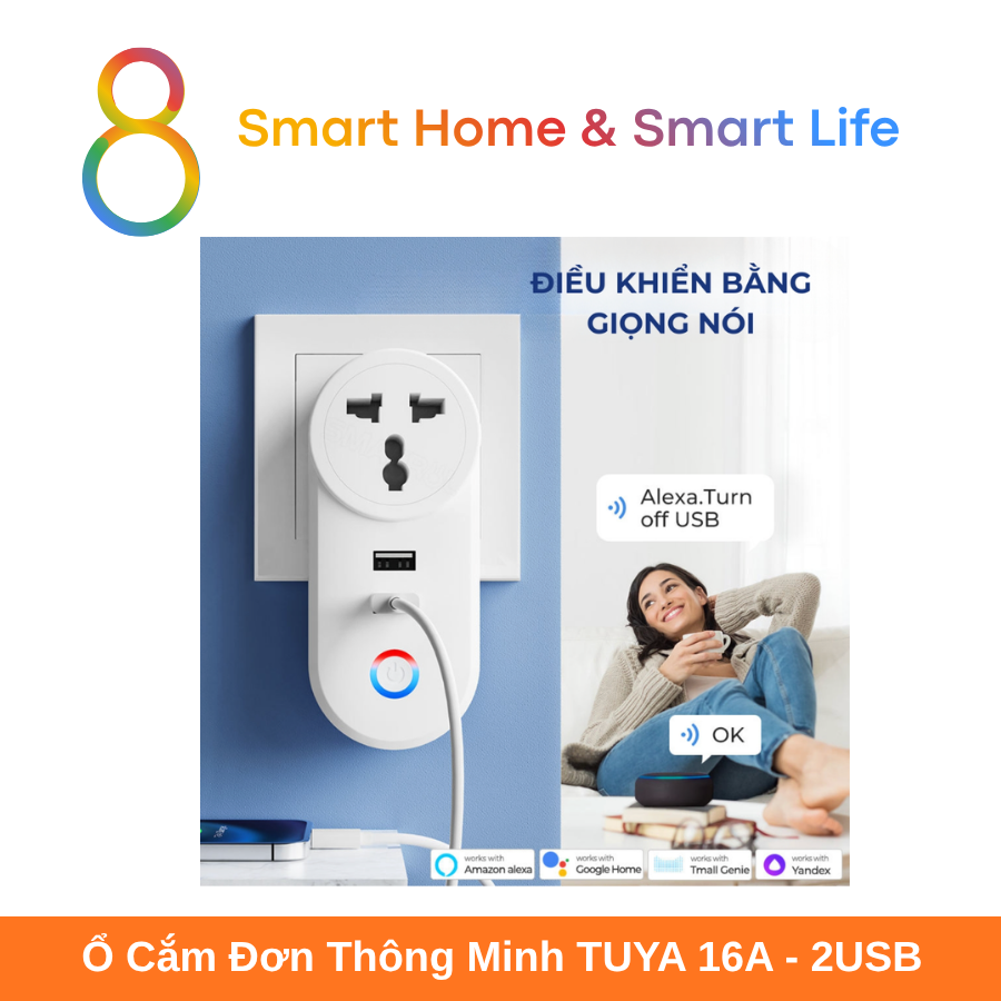  Ổ Cắm Đơn Thông Minh Tuya Smart Life 16A +2USB IN02- 8Matter - SmartHome 